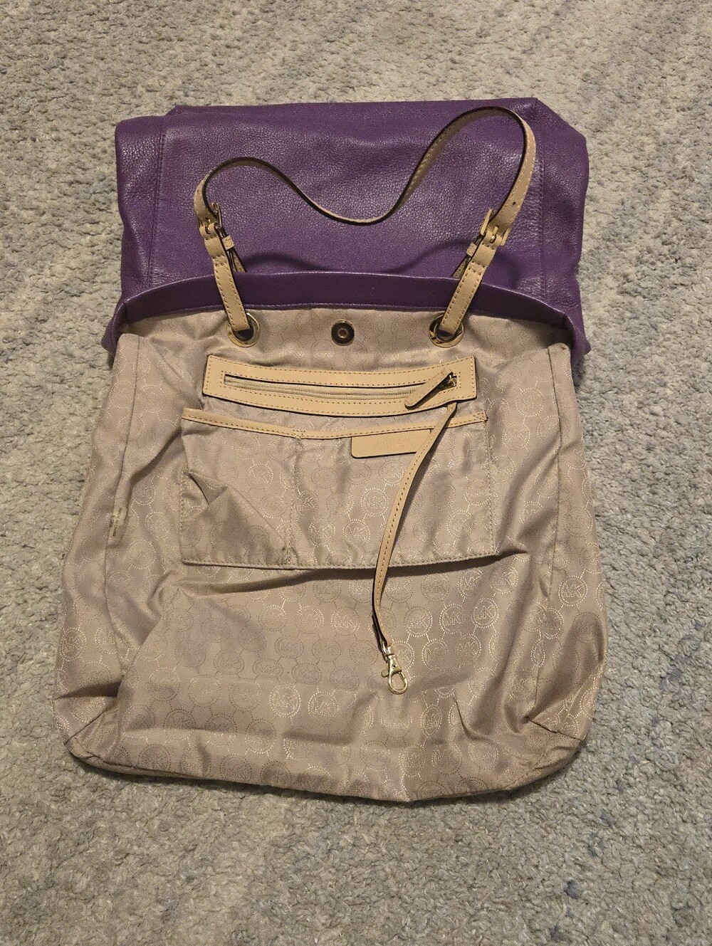 Michael Kors Purple Pebbled Leather Tote Bag Shoulder Purse MK Charm Large - Picture 8 of 11